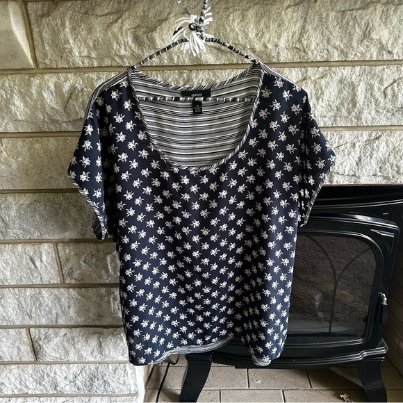 Alfani mixed print short sleeve polyester blouse navy blue cream size 14 - Picture 1 of 7